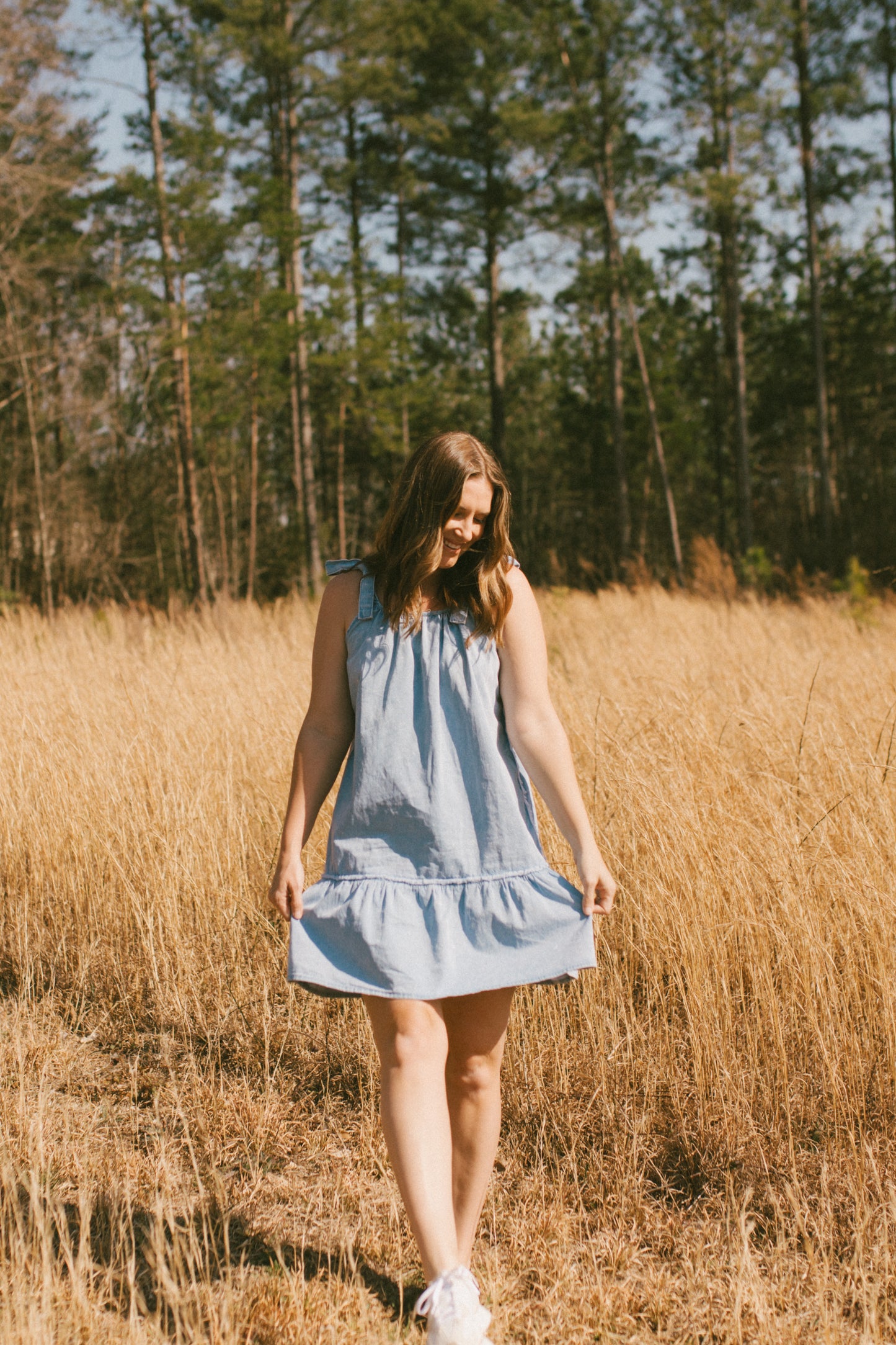 You Are Mine Blue Denim Ruffle Tie Dress