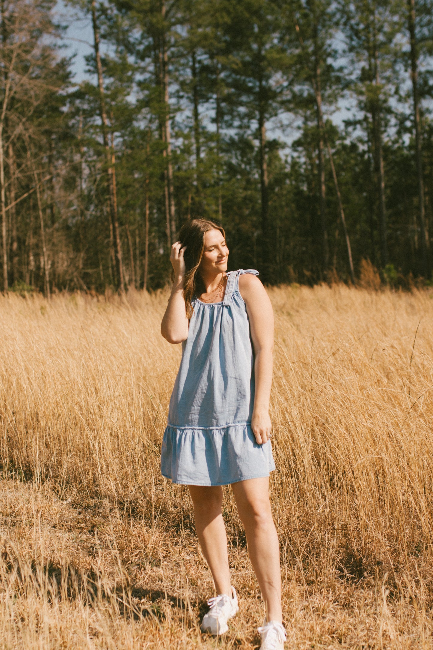 You Are Mine Blue Denim Ruffle Tie Dress
